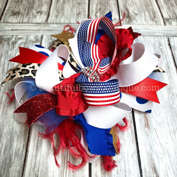Leopard Flag Hair Bow, Patriotic Bow, Red white and Blue Pageant Bow, American Flag Bow, 4th of July Bow