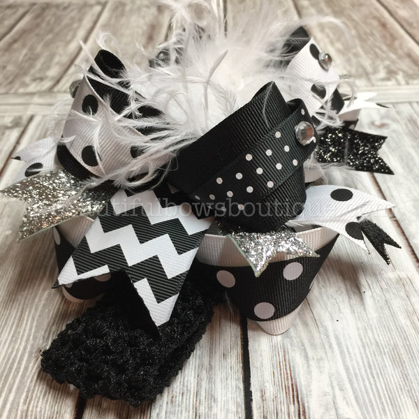 Black and White Headband Baby Girl Boutique Over the Top Hair Bow 6 inch Headband Bow Handmade Little Girls Gift Ghost Headband