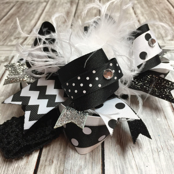 Black and White Headband Baby Girl Boutique Over the Top Hair Bow 6 inch Headband Bow Handmade Little Girls Gift Ghost Headband