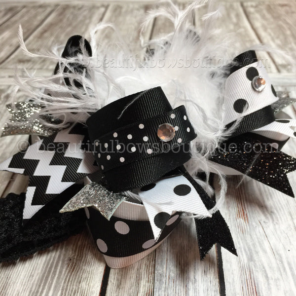 Black and White Headband Baby Girl Boutique Over the Top Hair Bow 6 inch Headband Bow Handmade Little Girls Gift Ghost Headband