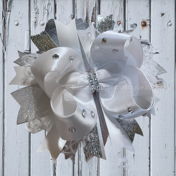 White Pageant Bows Sparkle Hair Bows White and Silver Hairbows Fancy Over the Top Bows 6 inch Wedding Party Hair Bow Glitter Flower Girl Bow