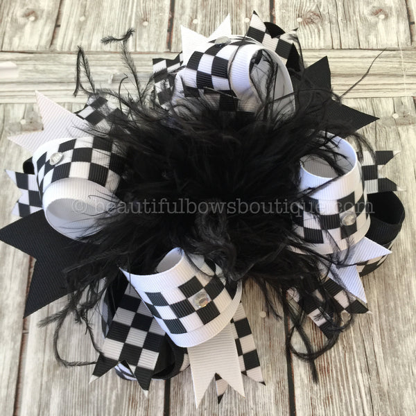 Checkered Flag Bow Racing Checker Flag Black and White Pigtail Hair Bow Racing Fan Hair Bows Custom Car Racing Bows Handmade Girls Bow Clip