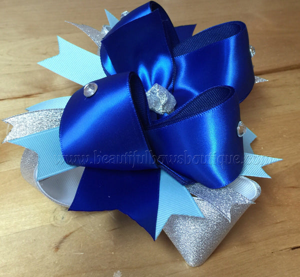 Hanukkah Over the Top Bow Royal Blue and Silver