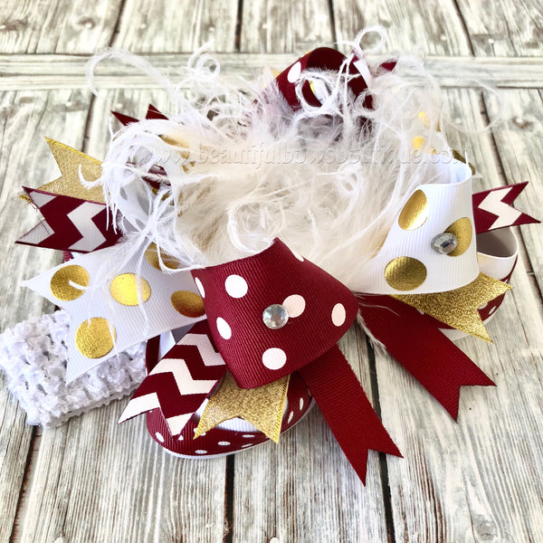 White Gold and Maroon Over the top Bow Infant Toddler Girl