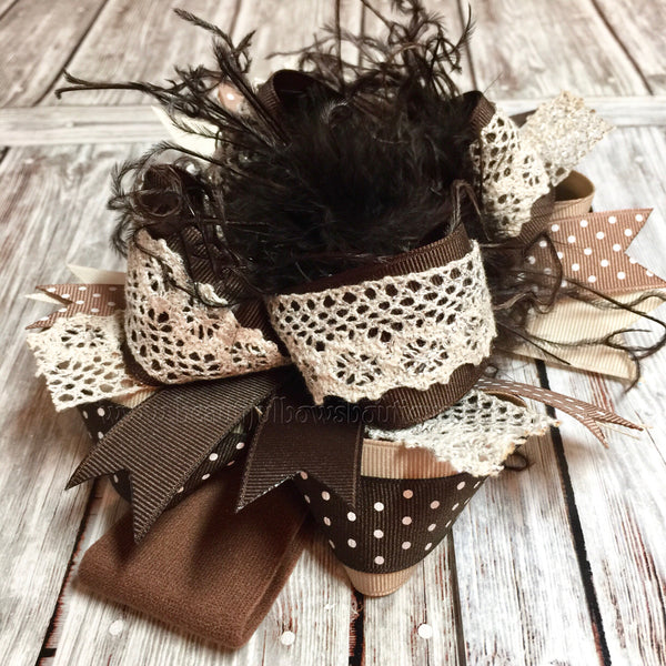 Fall Shabby Hair Bow with Lace, Big Brown Over the Top Bow Headband