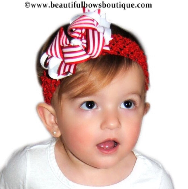 Dainty Red White Stripe Layered Girls Hair Bow Clip or Headband Set