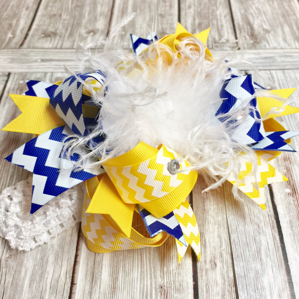 Yellow and Royal Blue Hair Bow, Blue and Gold Bow, Over the Top Bows