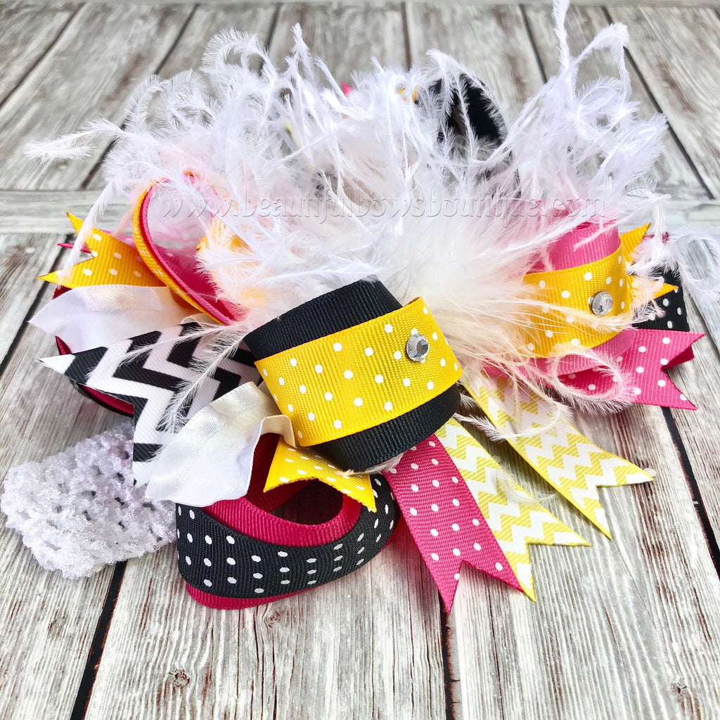 Bumble Bee Themed Birthday Bow,Pink Yellow and Black Hair Bows OTT