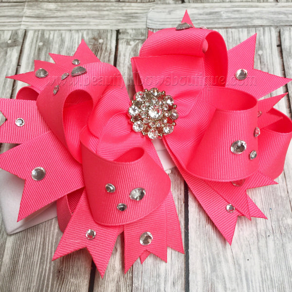 Bright Pink Pageant Baby Headband, Hot Pink Over the Top Hair Bow with Bling