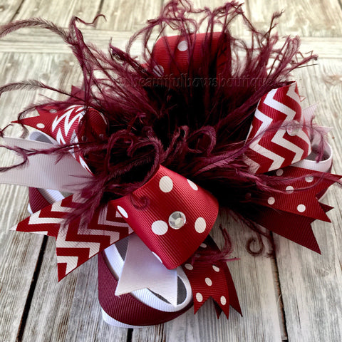 Maroon and White Hair Bow, School Bow, White and Maroon