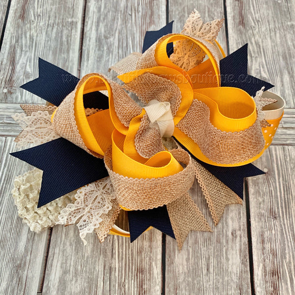 Over the Top Hair Bow Mustard Burlap Ivory Navy,Fall Over the Top Hairbow