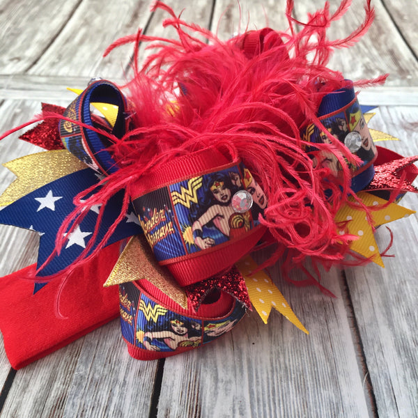 Wonder Woman Over the Top Hair Bow,Super Hero Stacked Hair Bow
