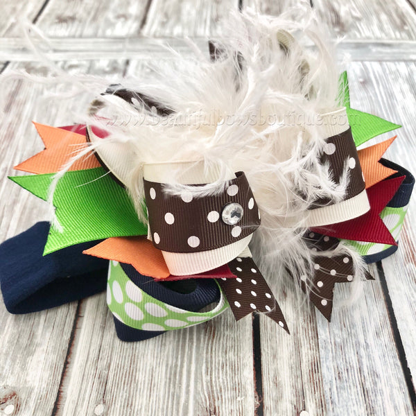 Navy Green Brown Orange and Ivory Fall Bow Headband for Babies