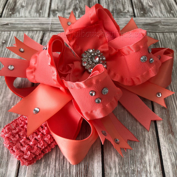 Coral Over the Top Hair Bow, 6 inch Coral Hairbow,Large Coral Baby Headband