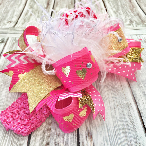 Hot Pink and Gold Valentine's Day Hair Bow Over the Top Bows