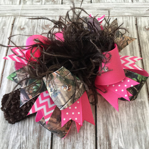 Hot Pink Camo Hair Bow,Realtree Camo Headband,Camouflage Baby Headband