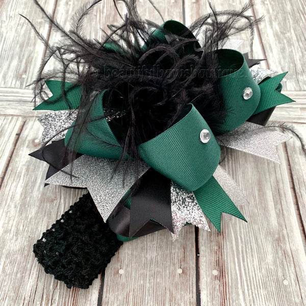 Over the Top Bows Silver Black Dark Green, Forest Green and Black Baby Headband
