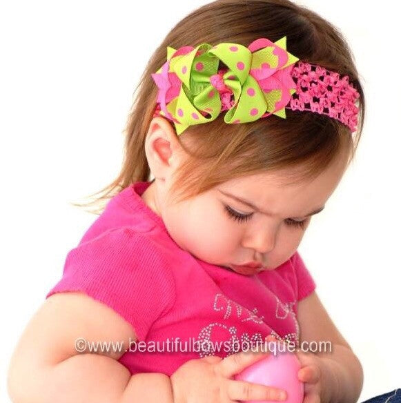 Dainty Lime & Hot Pink Polka Layered Girls Hair Bow Clip or Headband Set
