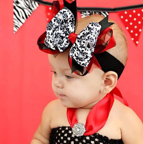 Jazzy Red and Black Damask Girls Hair Bow Clip or Headband