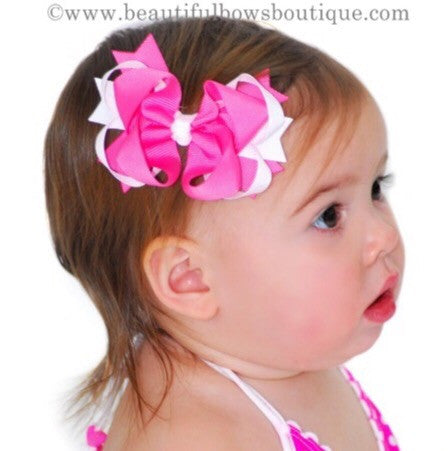 Dainty Hot Pink & White Layered Girls Hair Bow Clip or Headband Set