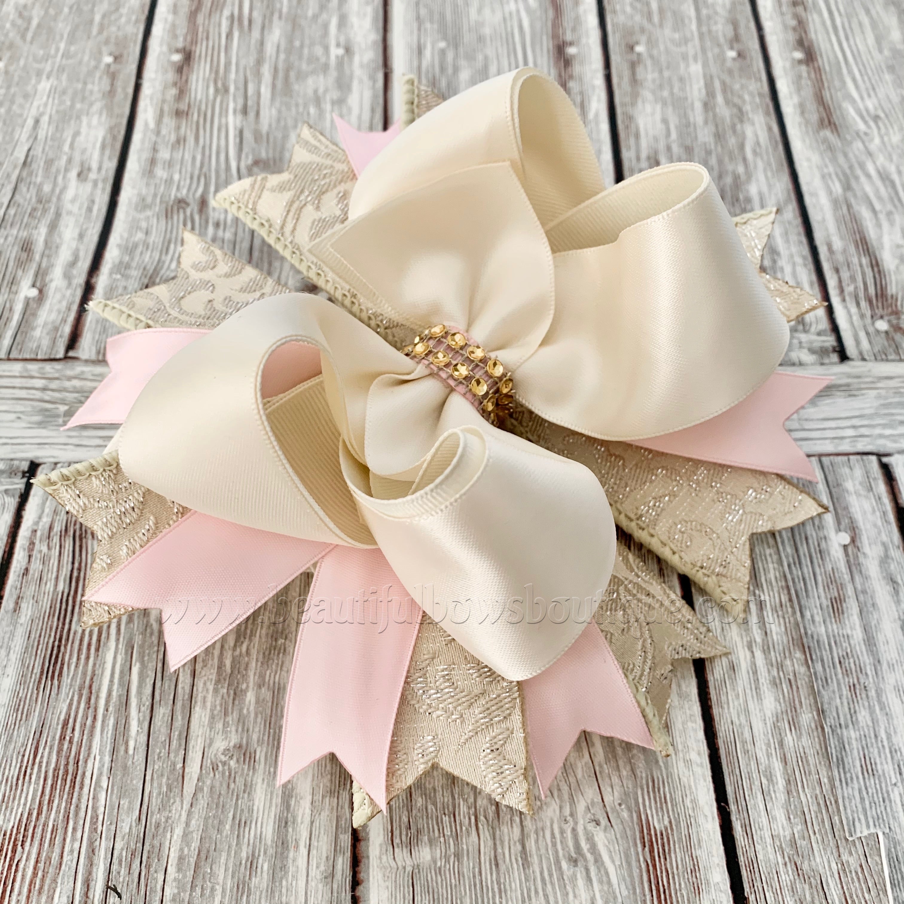 Handmade Big Boutique Solid Ivory Girls Over The Top Hair Bow Headband 4 inch / Permanently Attached to Headband