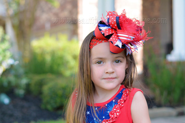 Girls Over the Top July 4th Bow Clip,Stacked 4th of July Hair Bow