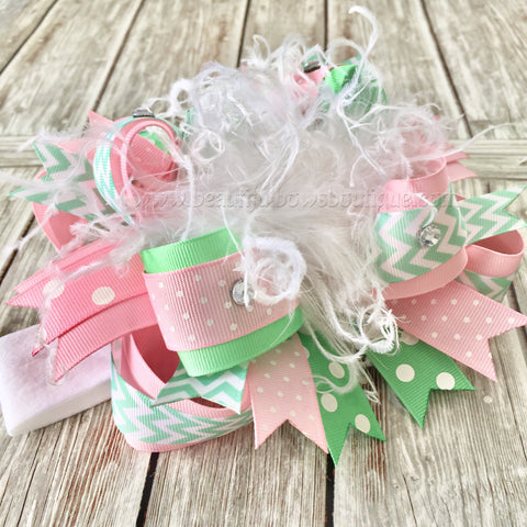 Pink and Mint Over the Top Hair Bow,Mint and Pink Bow Headband,Easter Bows