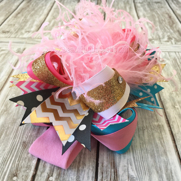 OTT Bow Headband Pink Blue Gold,Over the Top Bows Pink and Teal,Birthday Cake Smash Headbands