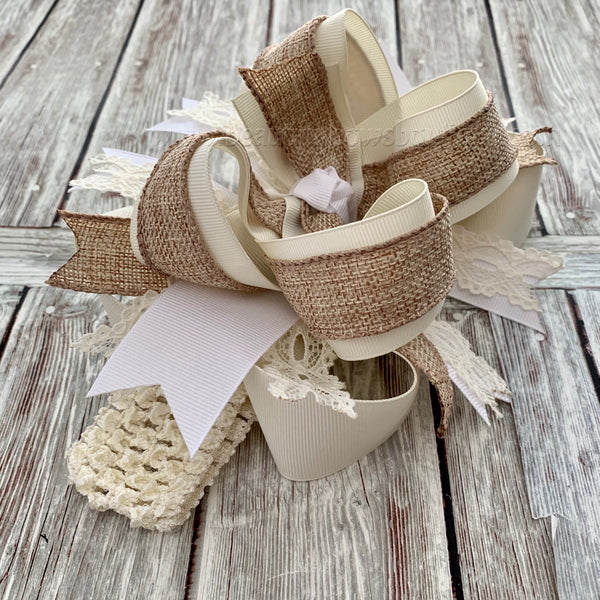Over the Top Hair Bow Burlap Ivory White,Neutrals Over the Top Hairbow, OTT Headband