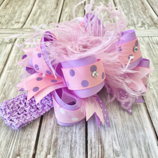 Big Over the Top Pink and Lavender Spring Girls Hair Bow Clip or Headband
