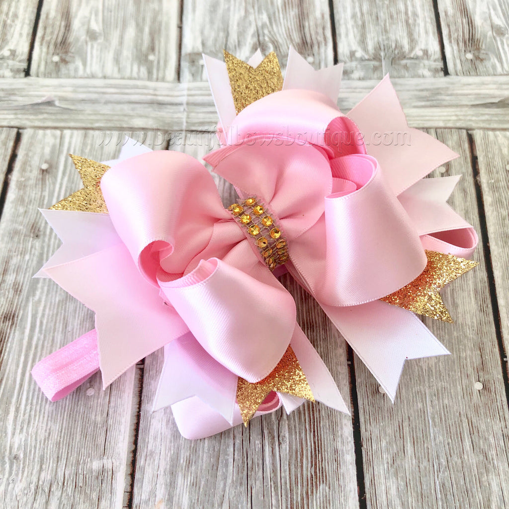 Handmade Pink Blush and Gold Hair Bow, Satin Hair Bow,Girls Hairbows 4 inch (Shown) / French Barrette Only