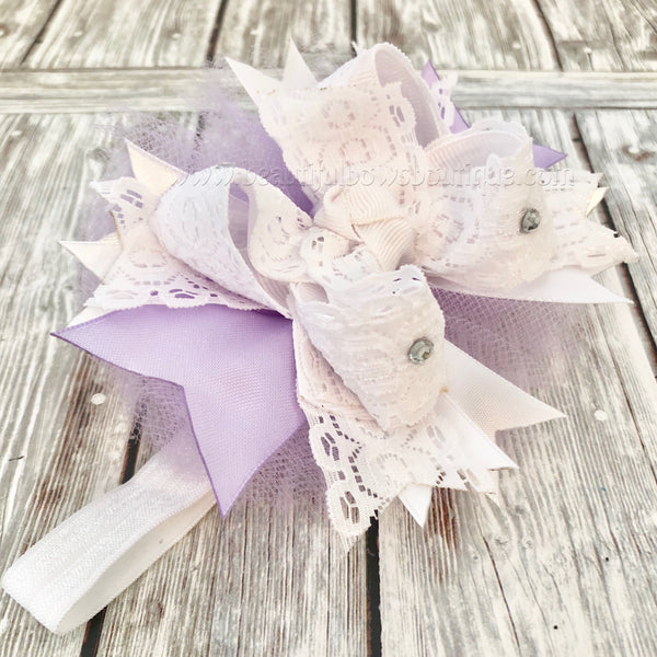 Small Newborn Lavender and White Over the Top Hair Bow,Newborn Baby