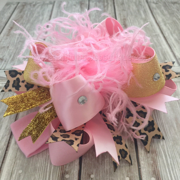 Pink Leopard and Gold Hair Bow,Over the Top Bow Leopard Pink Gold