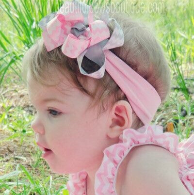 Dainty Light Pink and Grey Chevron Hair Bow Clip or Baby Headband