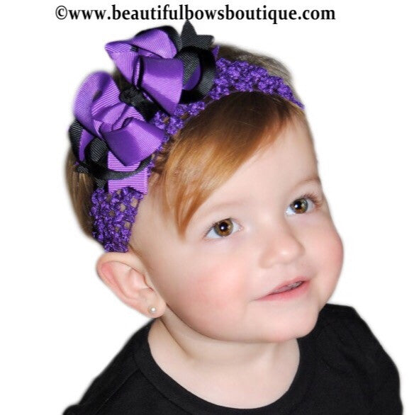 Dainty Purple and Black Layered Girls Hair Bow Clip or Headband Set