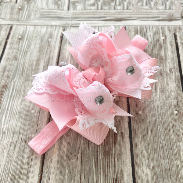 Small Newborn Pink and White Bow, Newborn Baby Headband
