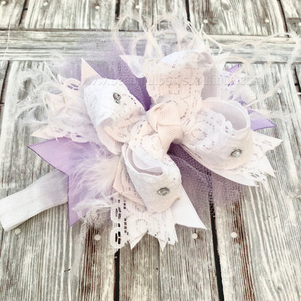 Small Newborn Lavender and White Over the Top Hair Bow,Newborn Baby