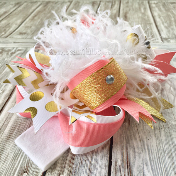 Coral and Gold Over the Top Hair Bow,Gold and Coral Baby Headband,OTT Bows