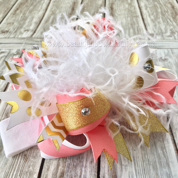 Coral and Gold Over the Top Hair Bow,Gold and Coral Baby Headband,OTT Bows