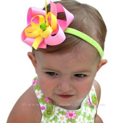 Dainty Pink Yellow & Green Girls Hair Bow Clip or Headband