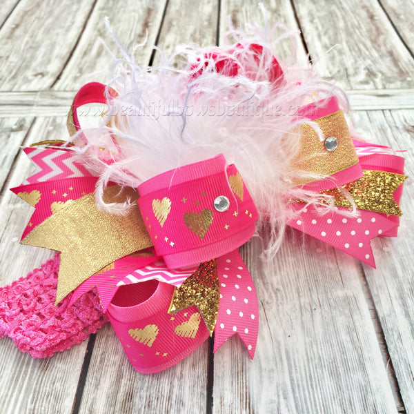 Hot Pink and Gold Valentine's Day Hair Bow Over the Top Bows