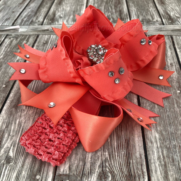 Coral Over the Top Hair Bow, 6 inch Coral Hairbow,Large Coral Baby Headband