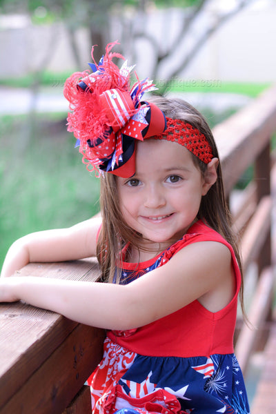 Girls Over the Top July 4th Bow Clip,Stacked 4th of July Hair Bow