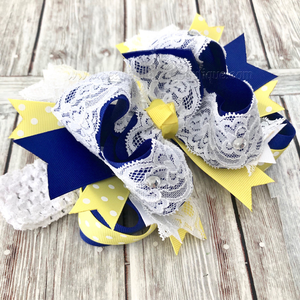 Royal Blue and Yellow Easter Hair Bow,White Lace Blue and Yellow Bow