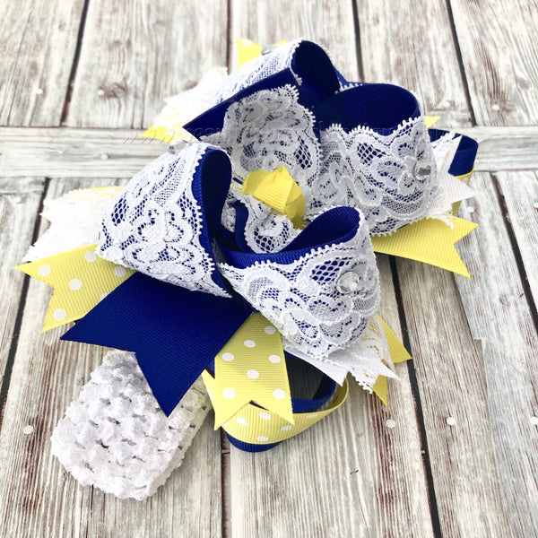 Royal Blue and Yellow Easter Hair Bow,White Lace Blue and Yellow Bow