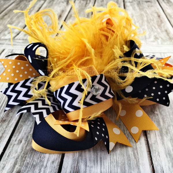 Navy and Yellow Gold Hair Bow, School Uniform Bow, Stacked Bows