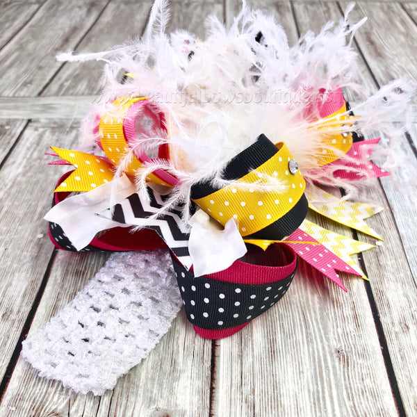 Bumble Bee Themed Birthday Bow,Pink Yellow and Black Hair Bows OTT