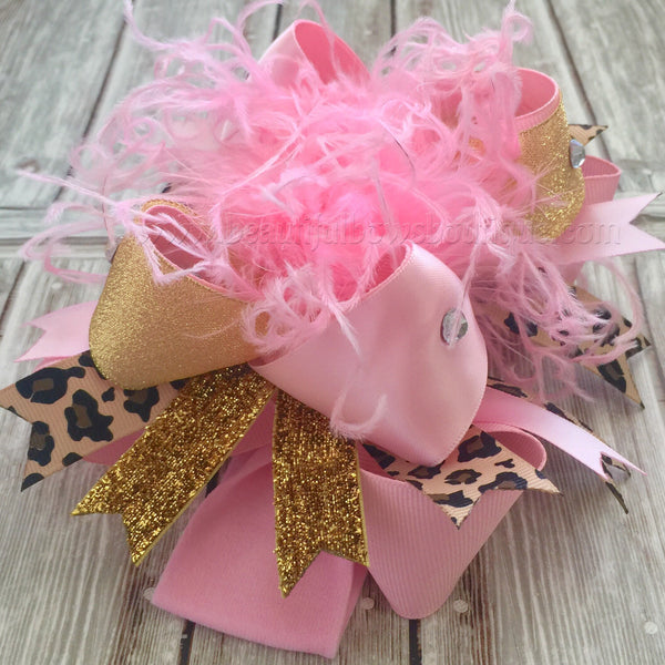 Pink Leopard and Gold Hair Bow,Over the Top Bow Leopard Pink Gold