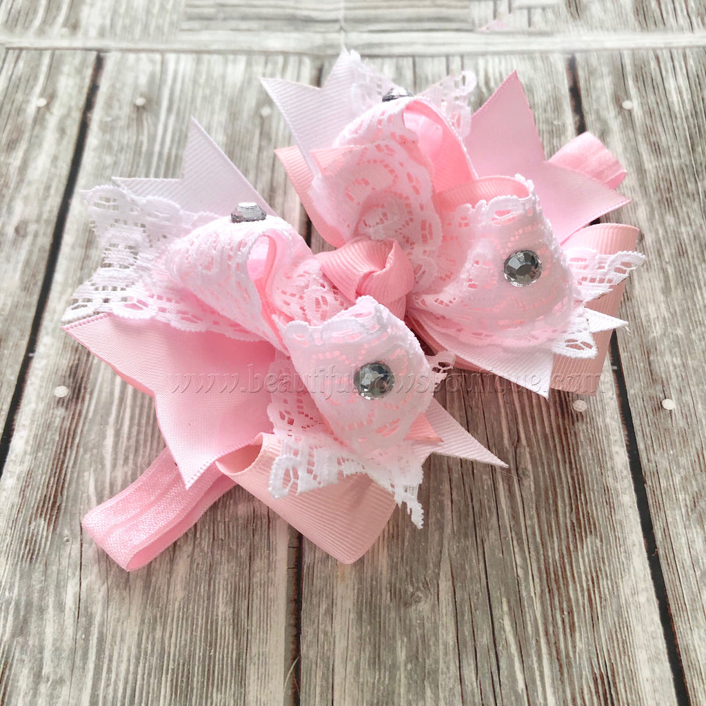 Small Newborn Pink and White Bow, Newborn Baby Headband