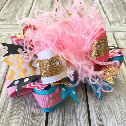 OTT Bow Headband Pink Blue Gold,Over the Top Bows Pink and Teal,Birthday Cake Smash Headbands